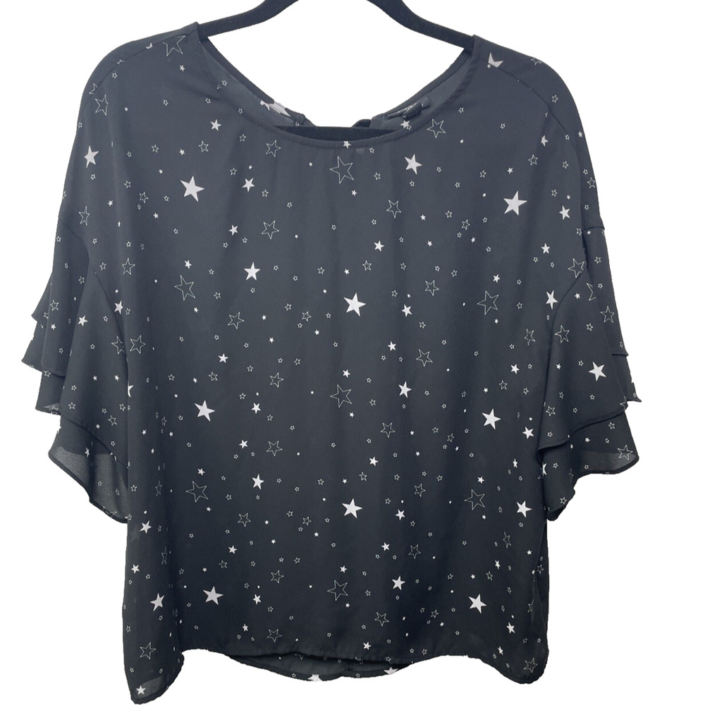 a.n.a Short Ruffle Sleeve Blouse Top Star Print Women Medium Celestial‎ Dark